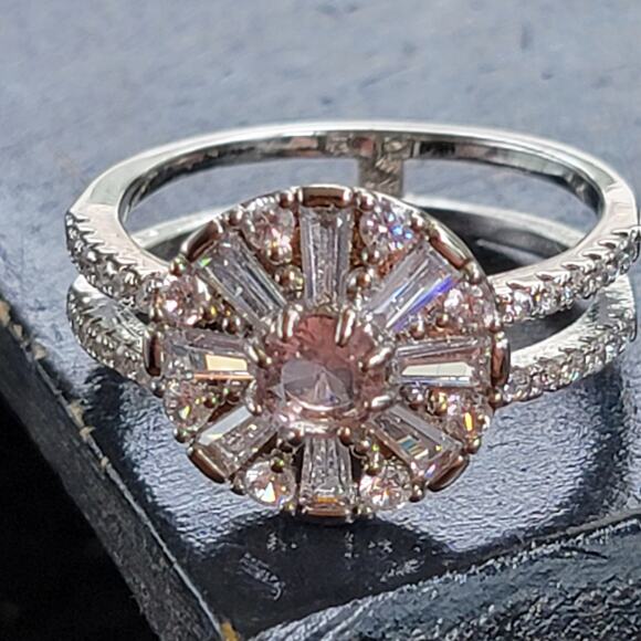Elegant Rhodium-Plated Simulated Pink Diamond Halo Ring - Size 10 - Picture 1 of 10